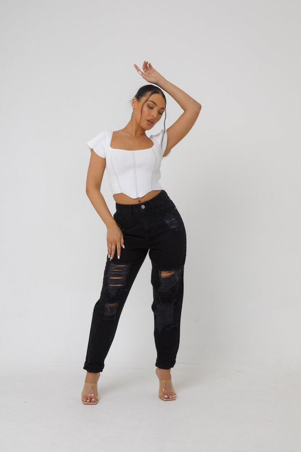 Jess Black Relaxed Mom Fit Ripped Denim Jeans