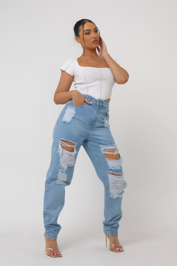 Jess Light Blue Relaxed Mom Fit Ripped Denim Jeans